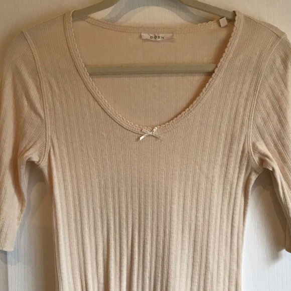 DOEN Pointelle Henley Scoop Neck Tee w/ Rainbow Trim in Salt Oatmeal Cream Sz M - Picture 3 of 11
